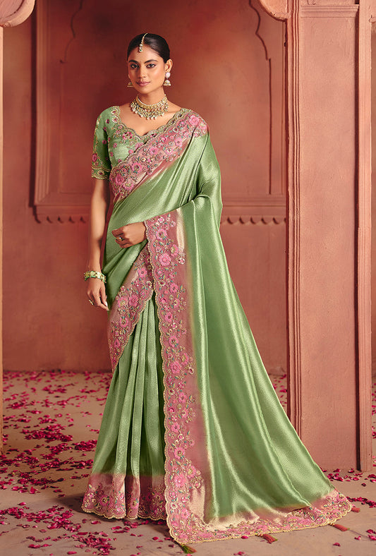 Monjolika Fashion Sea Green Silk Blend Embroidered Saree