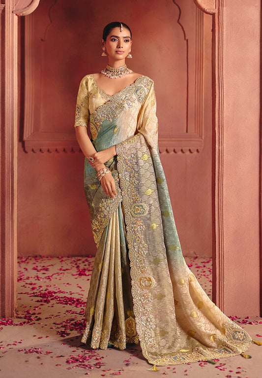 Monjolika Fashion Jacquard Multicolor Embroidered Wedding Saree