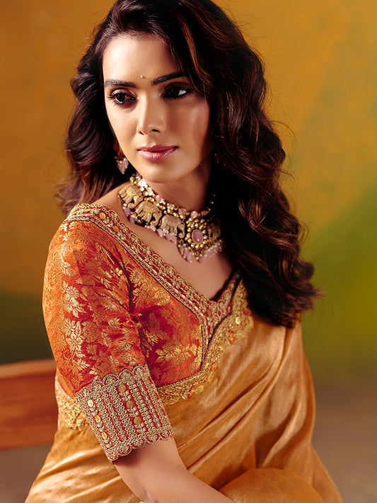 Monjolika Fashion Peach Embroidered Silk Blend Saree