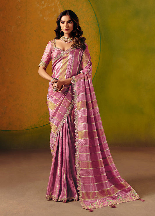 Monjolika Fashion Onion Pink Embroidered Jacquard Saree