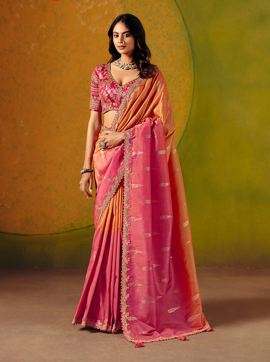 Monjolika Fashion Rani Pink & Peach Embroidered Silk Blend Saree