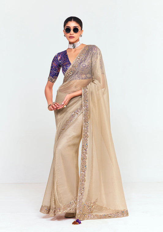Monjolika Fashion Fancy Fabric Embroidered Beige Saree