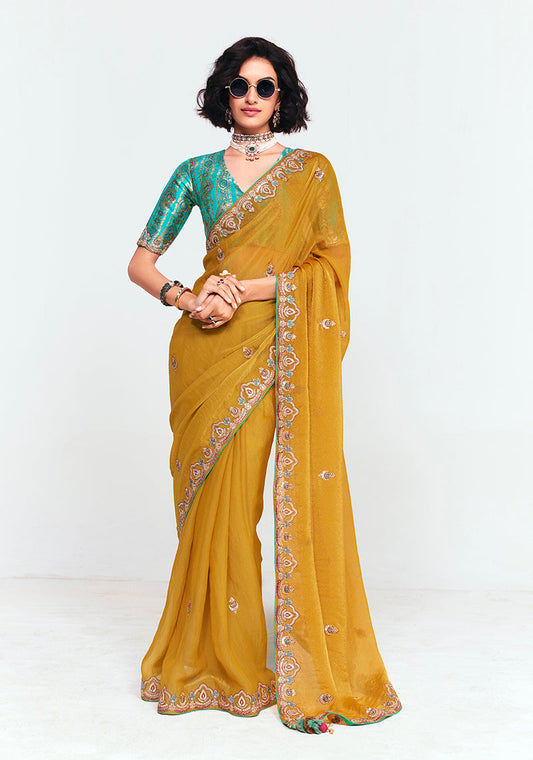Monjolika Fashion Fancy Fabric Embroidered Mustard Saree