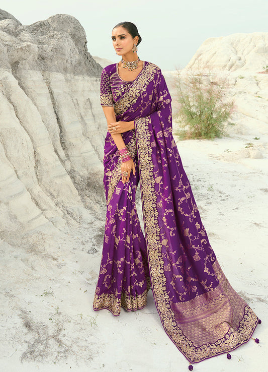 Monjolika Fashion Viscose Embroidered Dark Magenta Saree