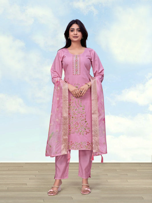 Monjolika Fashion Light Pink Roman Simar Embroidered Straight Suit