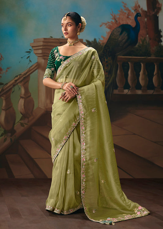 Monjolika Fashion Light Olive Green Fancy Fabric Saree With Embroidered Work