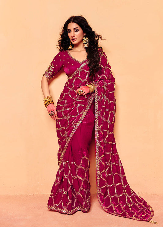 Monjolika Fashion Rani Pink Faux Organza Satin Saree With Embroidery