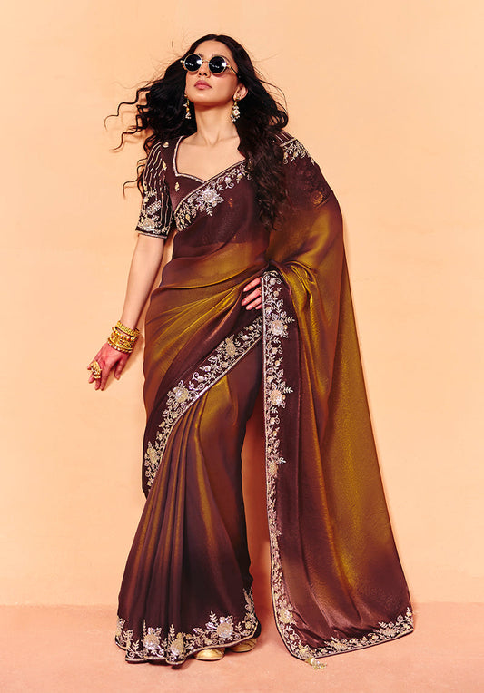 Monjolika Fashion Golden Brown Faux Organza Satin Saree With Embroidery