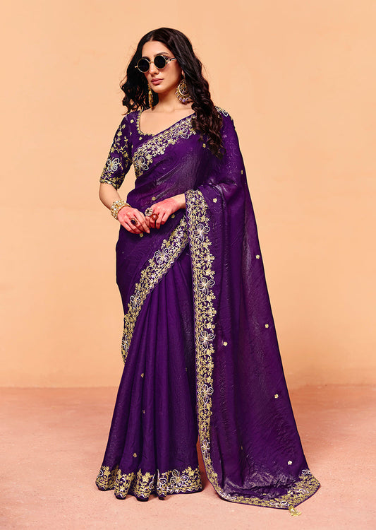 Monjolika Fashion Purple Faux Organza Satin Saree With Embroidery