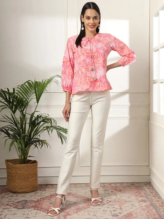 Yufta Pink Printed Cotton Peplum Top Grab2Buy Yufta Grab2Buy