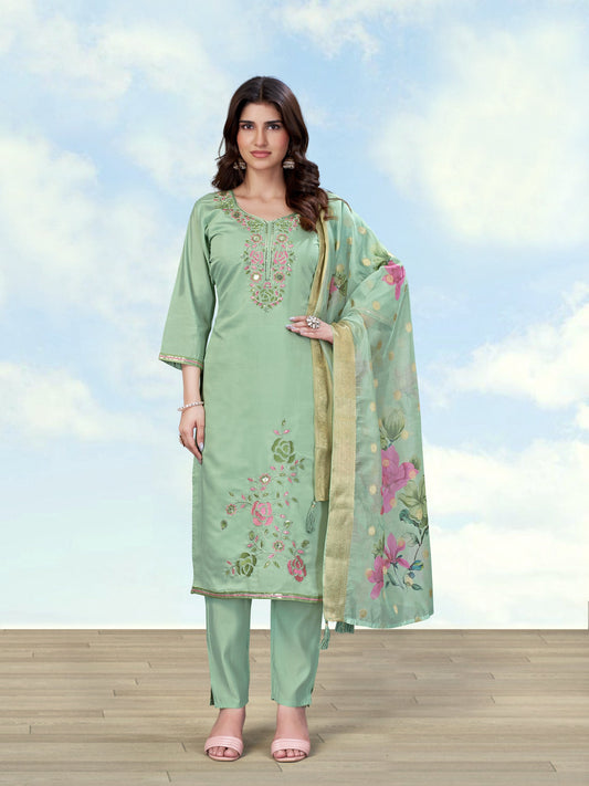 Monjolika Fashion Sea Green Color Roman Digital Print Kurta Pair
