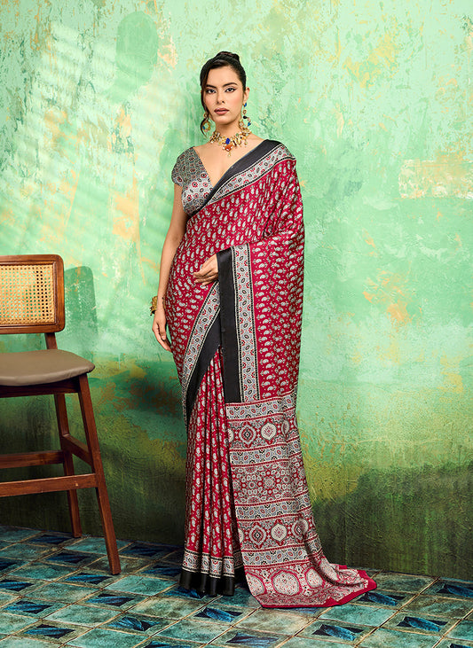 Monjolika Fashion Maroon Faux Satin Ajrakh Print Saree
