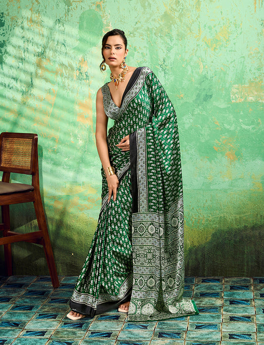 Monjolika Fashion Green Faux Satin Ajrakh Print Saree