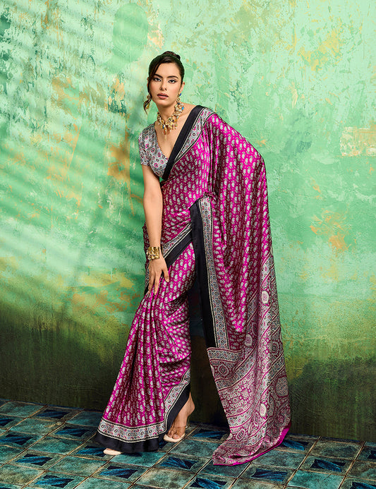 Monjolika Fashion Magenta Faux Satin Ajrakh Print Saree