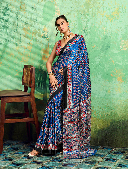 Monjolika Fashion Blue Faux Satin Ajrakh Print Saree