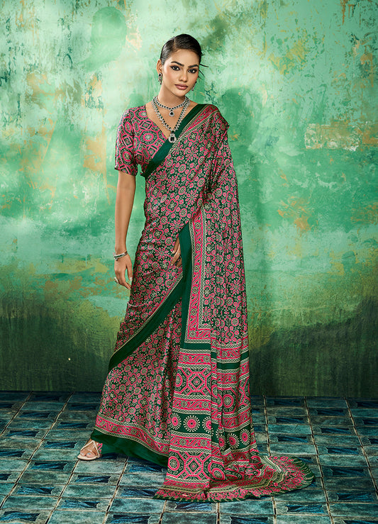Monjolika Fashion Ajrakh Green Faux Satin Printed Saree