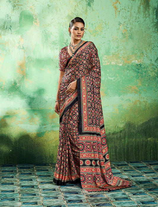 Monjolika Fashion Ajrakh Black Faux Satin Printed Saree