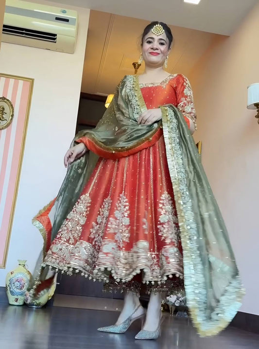 Yash Enterprise Orange Fandy Silk Party Wear Embroidery Suit Set Grab2Buy Yash Enterprise Grab2Buy