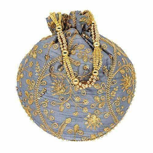 Ethnic Clutch Silk Potli Batwa Pouch Bag with Metal Bead work Gift For Women - Grab2buy
