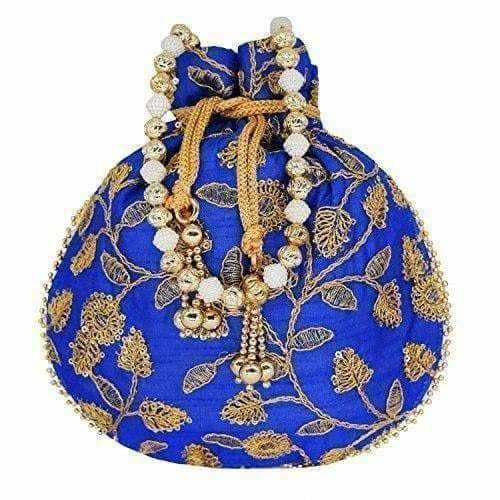 Ethnic Silk Potli bag Clutch Batwa Pouch with Embroidery and Metal Bead work Gift For Women - Grab2buy