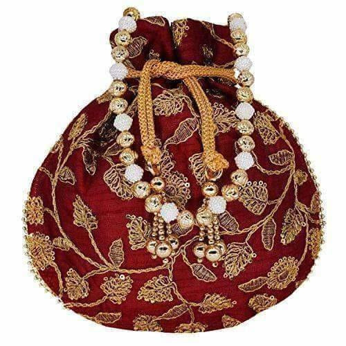 Ethnic Silk Potli bag Clutch Batwa Pouch with Embroidery and Metal Bead work Gift For Women - Grab2buy