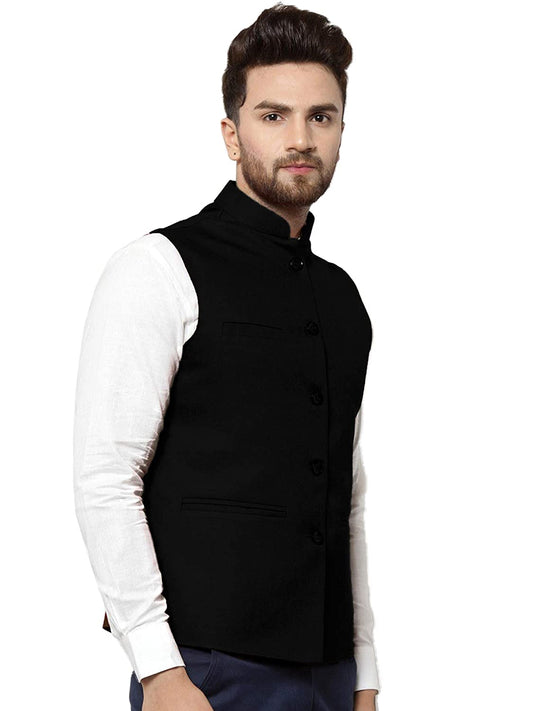 Vastraa Fusion Men's Cotton-Blended Mate Black Nehru Jacket/Waistcoat Grab2Buy Vastraa Fusion Grab2Buy