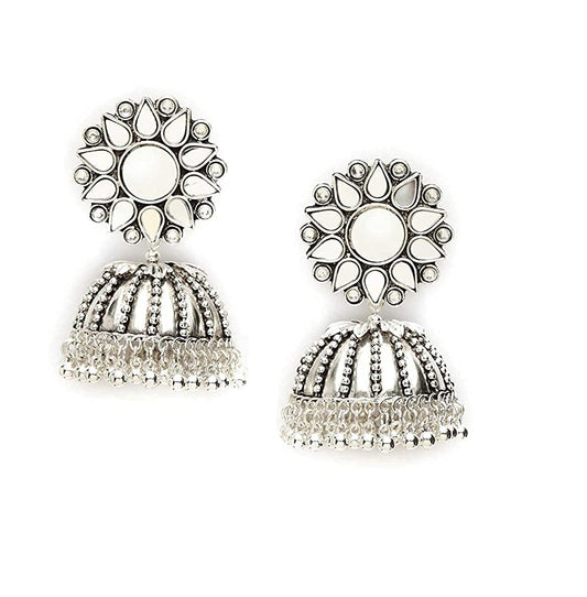Rhodium-Plated Alloy Round Mirror Studded Jhumki Earrings - The Pari - Grab2buy