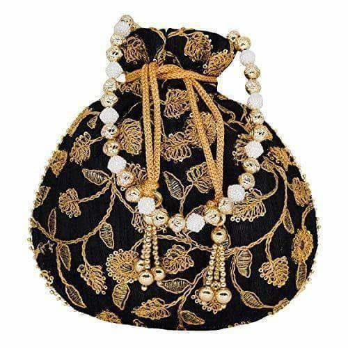 Ethnic Silk Potli bag Clutch Batwa Pouch with Embroidery and Metal Bead work Gift For Women - Grab2buy