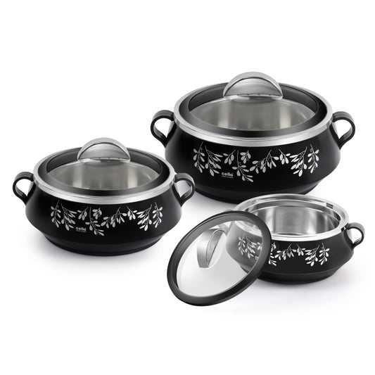 CELLO Glitter Casserole with Inner Steel 3 Unit, Black