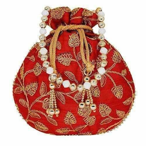 Ethnic Silk Potli bag Clutch Batwa Pouch with Embroidery and Metal Bead work Gift For Women - Grab2buy