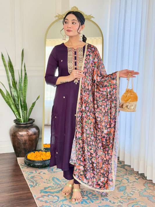 The52 Women's Rayon Embroidery work Straight Kurta with Pant and Dupatta Set | Grab2Buy