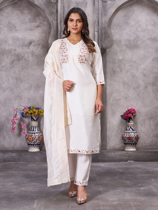 Pramukh Fab White Color Roman Silk Kurta Set