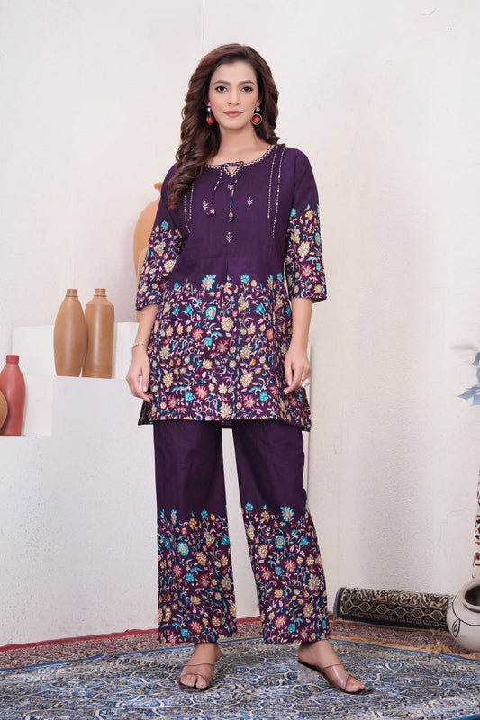 Pramukh Fab Plum Color Cotton Co-ord Set