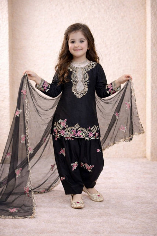 Evanik Black Designer Party Wear Heavy Natural Crep Kids Patiala Set