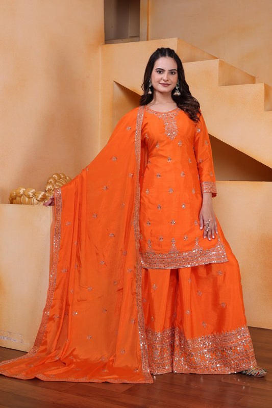 Yash Enterprise Orange Chinon Silk Embroidery Party Wear Suit Set Grab2Buy Yash Enterprise Grab2Buy