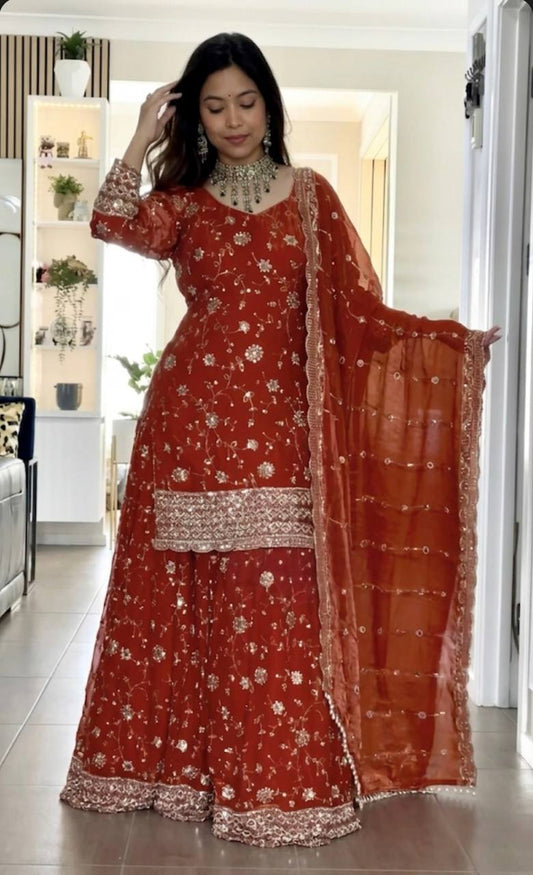 Yash Enterprise Orange Fandy Silk Party Wear Embroidery Sharara Suit Set Grab2Buy Yash Enterprise Grab2Buy