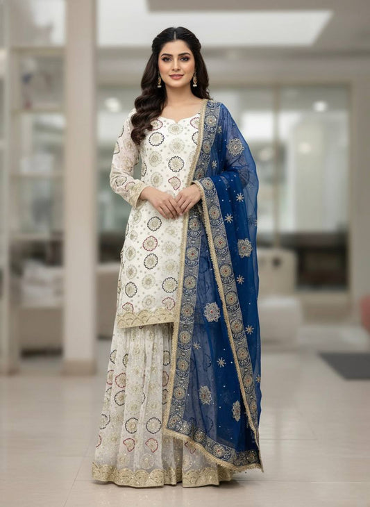 Yash Enterprise Off White Faux Georgette Embroidered Party Wear Suit Set Grab2Buy Yash Enterprise Grab2Buy