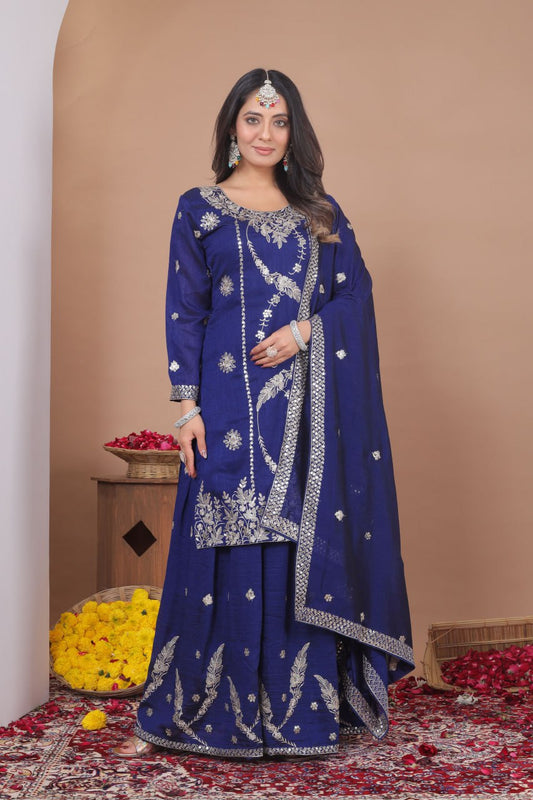 Yash Enterprise Navy Blue Vichitra Silk Embroidery Party Wear Suit Set