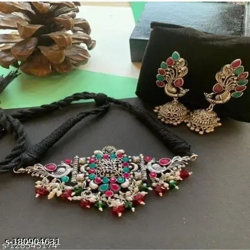 Tehzeeb Creations Women's Oxidised Multi Colour Meenakari Necklace Set | Grab2Buy