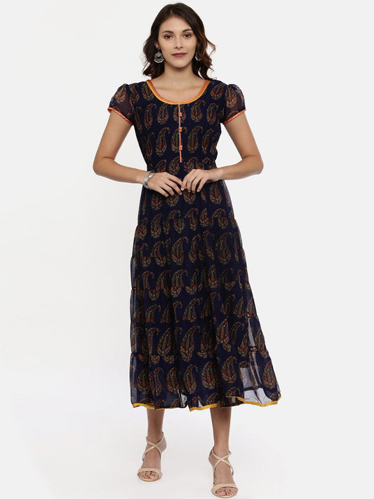 Souchii Women Navy Blue Printed Fit And Flare Dress