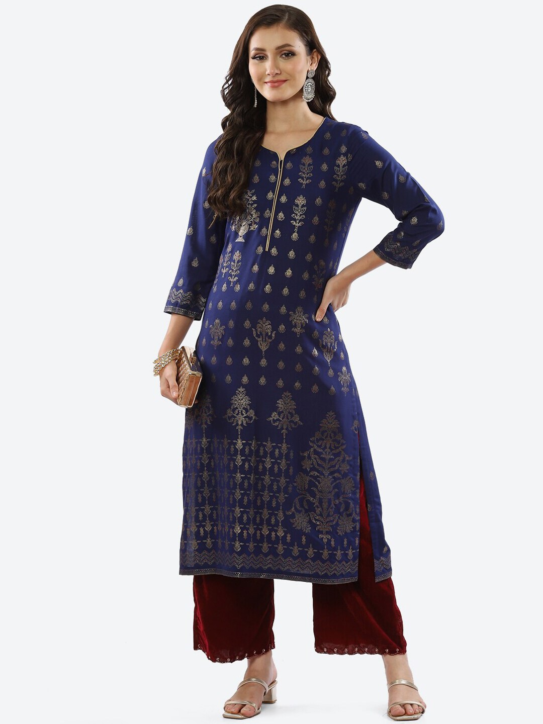 Biba Women Blue Ethnic Motifs Printed Rayon Kurta - Grab2buy