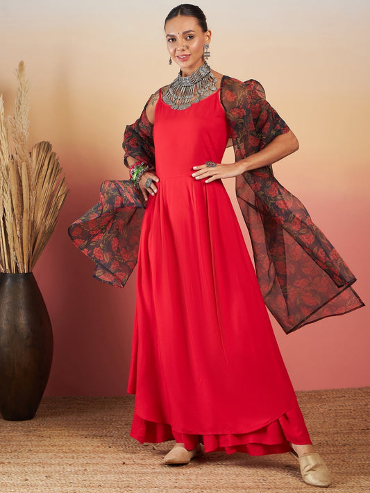 InWeave Red Strappy W Black Orange Floral Print Or Dupatta Set | Grab2Buy