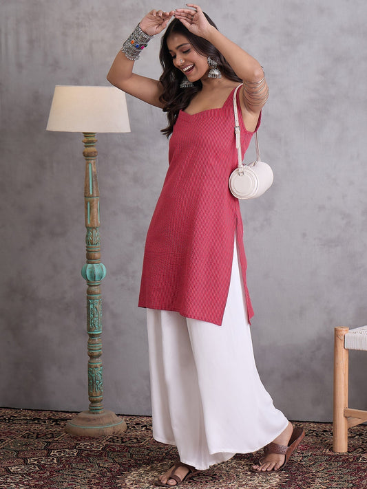 InWeave Maroon Kantha Cream Palazzo Set | Grab2Buy