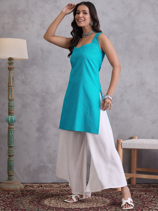 InWeave Cyan Blue Kantha Cream Palazzo Set | Grab2Buy