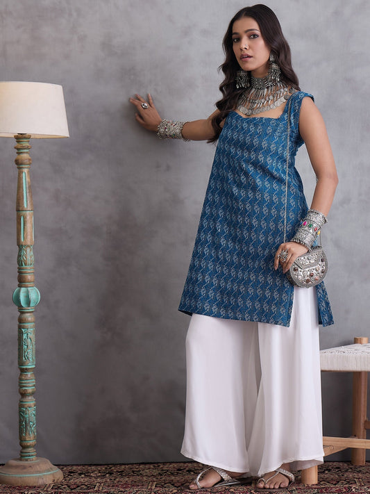 InWeave Blue Kantha Cream Palazzo Set | Grab2Buy