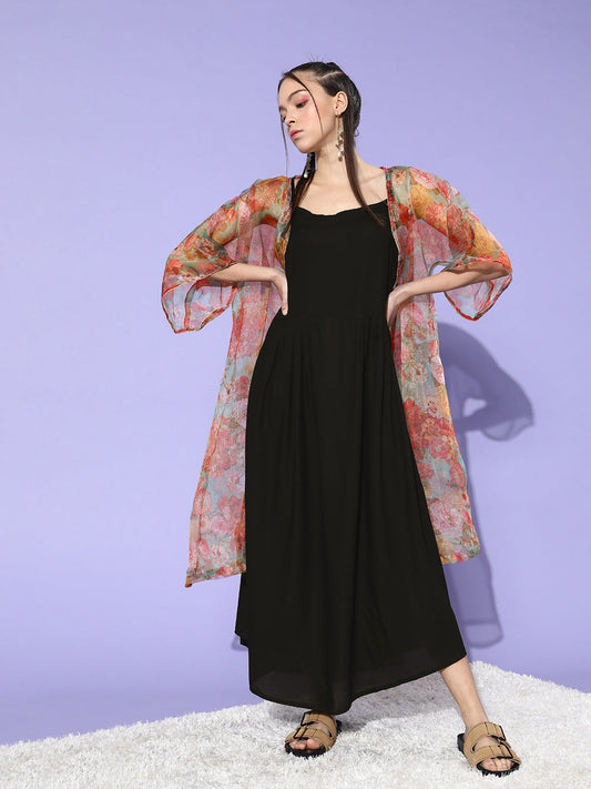 InWeave Black -Orange Organza Cape Set