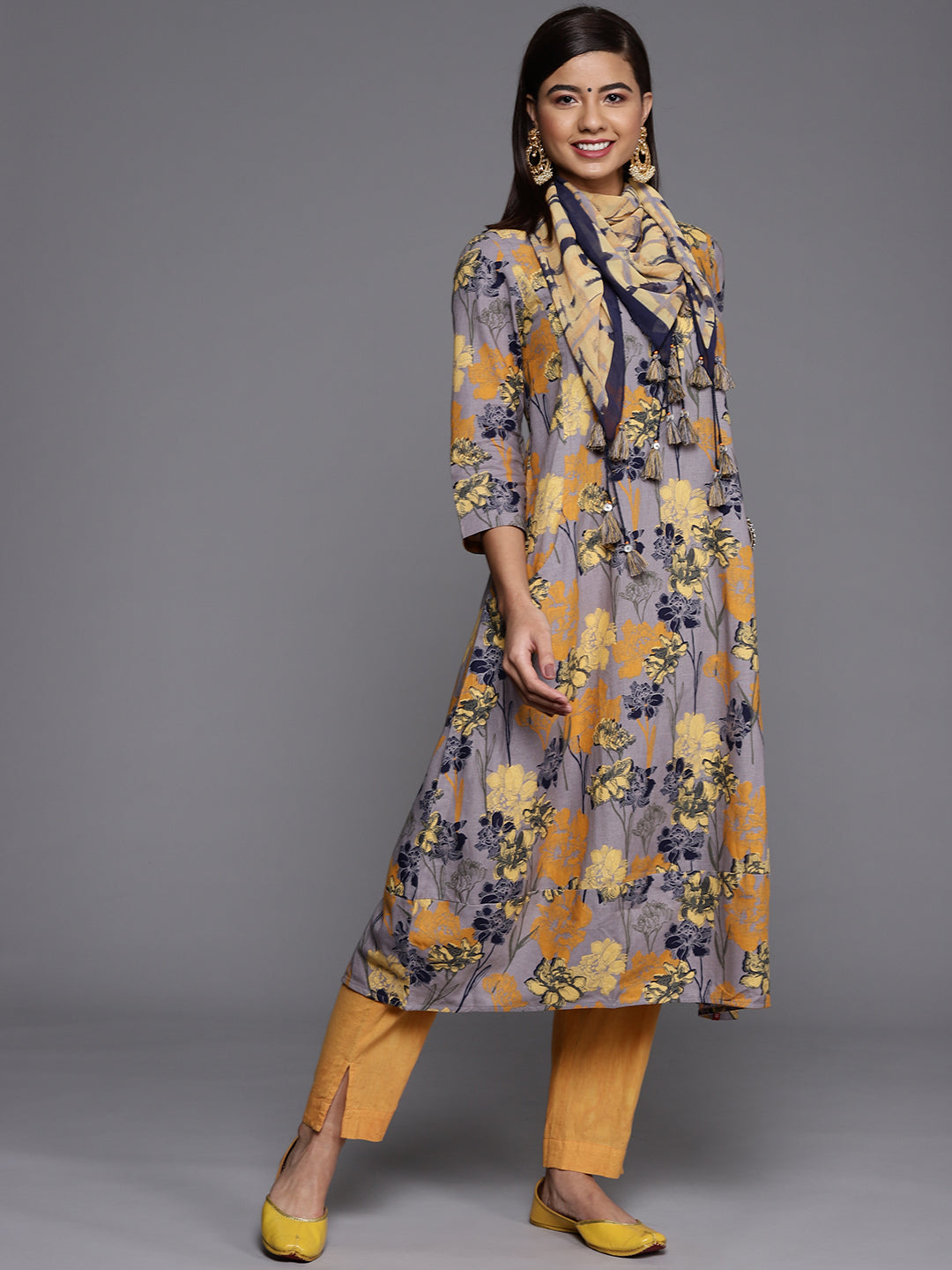 Biba Women Lavender & Mustard Yellow Floral Printed Floral Kurta - Grab2buy