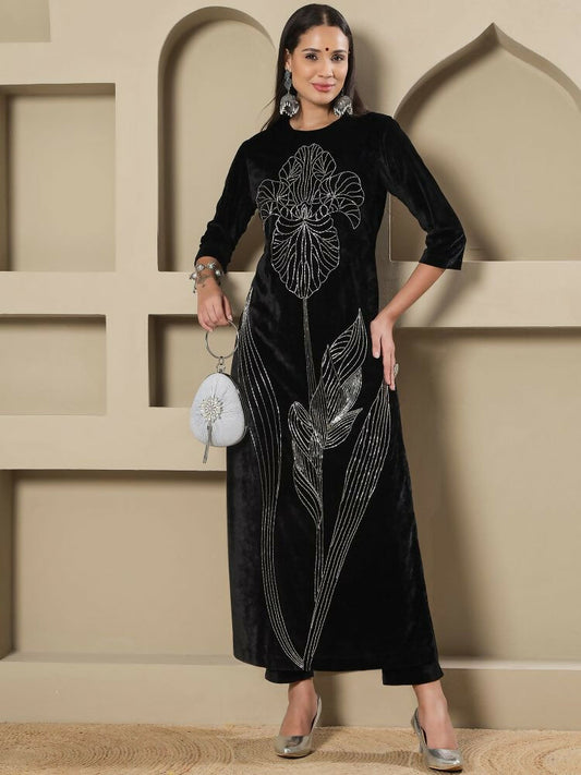 Joban Fashion Women Black Velvet Hand Embellishment Stitched Kurta Set