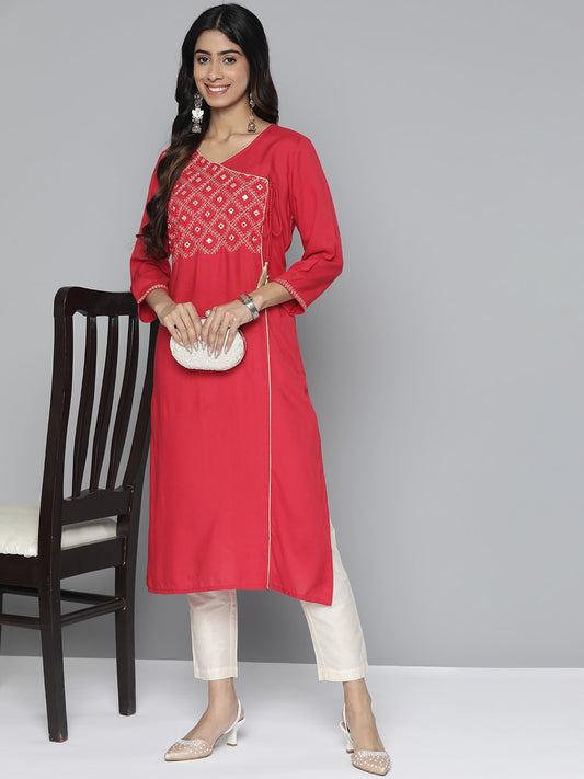 HERE&NOW Women Pure Cotton Ethnic Motifs Mirror Work Angrakha Kurta