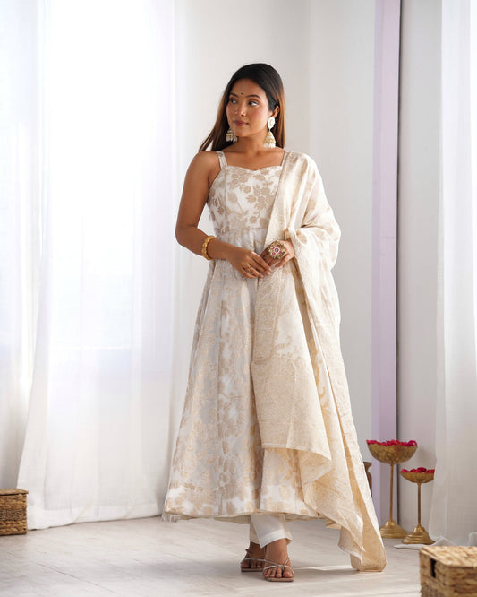 Lorenvalley Fashion White Banarasi Jacquard Dola Silk Fancy Backless Dori Pattern Anarkali Gown Pant With Dupatta